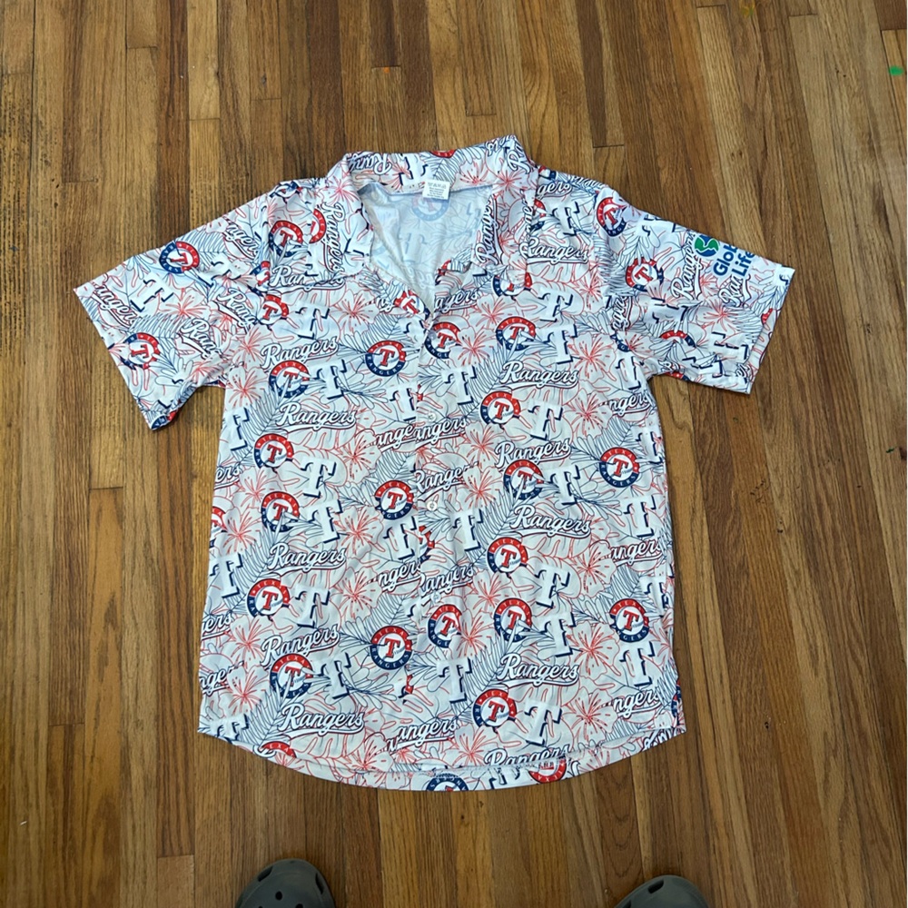 Texas Rangers Mens Hawaiian Button Up White Floral Print Shirt M MLB